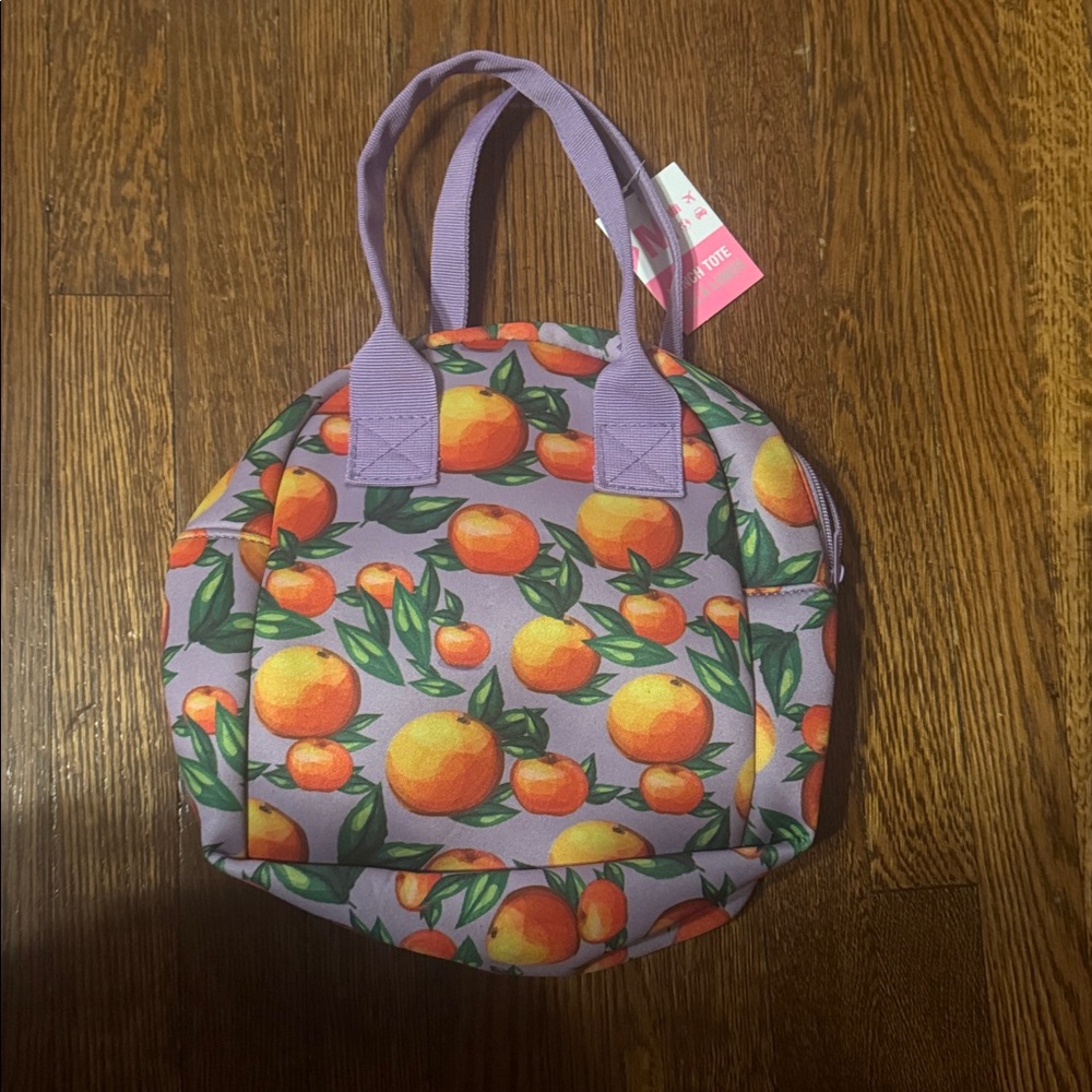 M Lunch Tote, Purple and Orange Fruit Print Women's Bag, NWT
